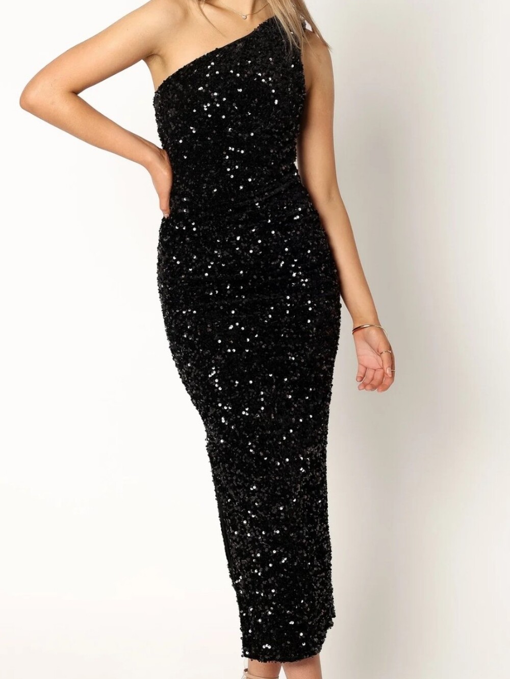 Petal & Pup One-Shoulder Black Sequin Midi Dress Size Small